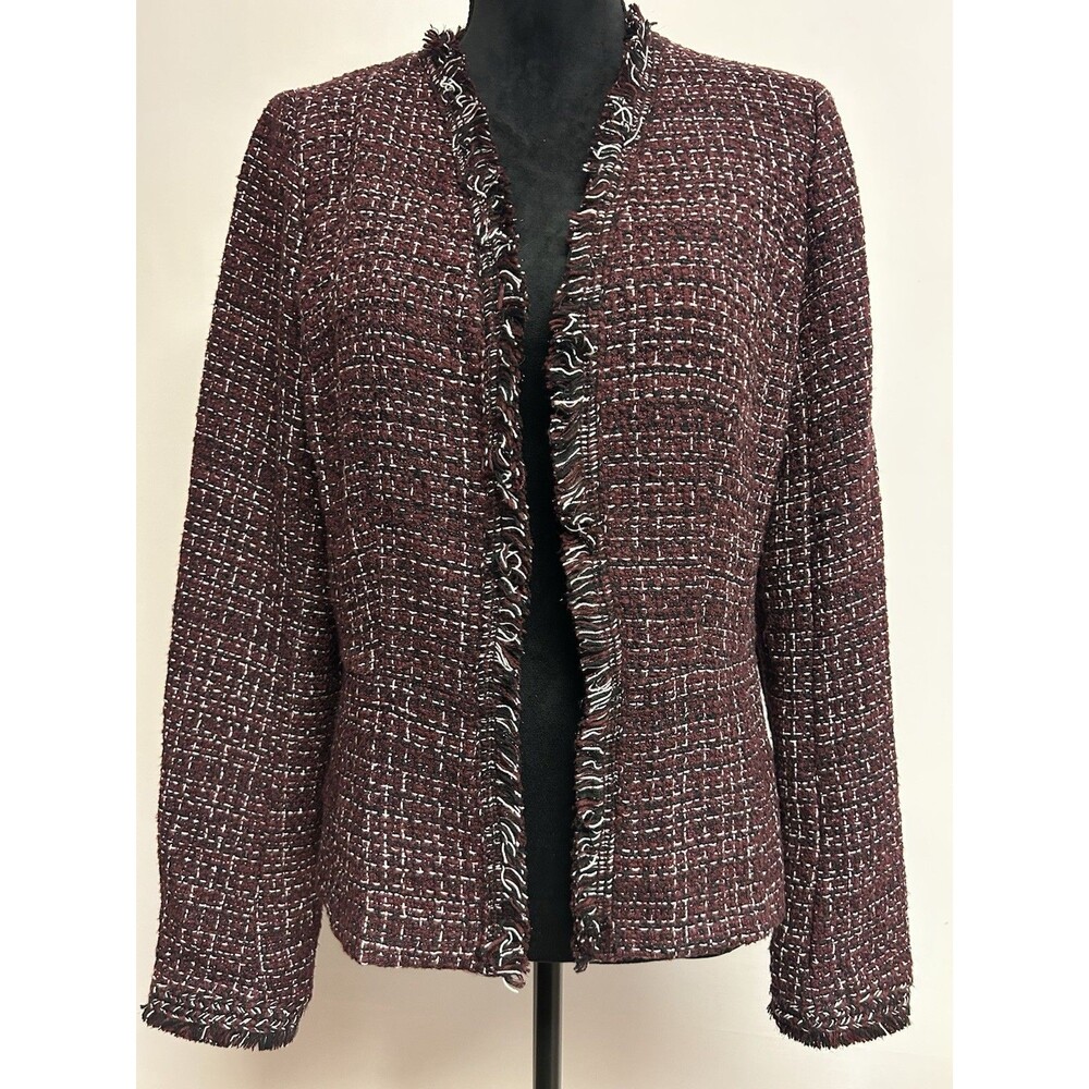 White House Black Market Womens Sz 8 Blazer Jacket Burgundy Tweed Fringed Lining